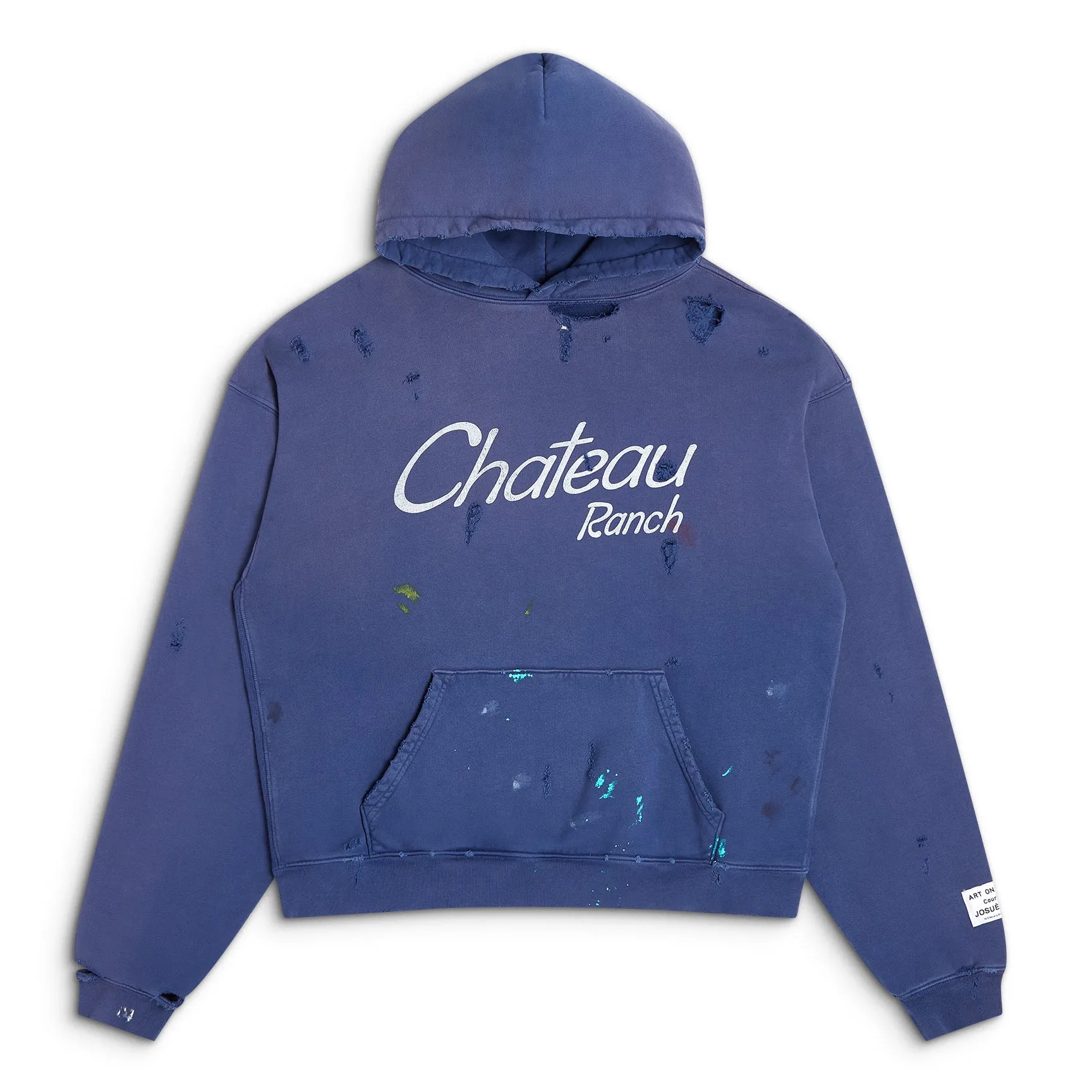 GALLERY DEPT. CHATEAU RANCH HOODIE/NAVY Horseshoe Winery Splash Ink Destroyed Hoodie Washed Blue S-XL Assute Reactive Dyes Ready-made Clothes Fade Process Post-Fry Color Processing Super Heavy and Cumbersome Too Many Cuts and Hanging Wormhole Destruction Process➕Hand-Splashed Ink Very Time-consuming and Labor-intensive Correct Version Original Main Mark➕Large Main Mark➕Yellow Wash Mark The original BOXY short and wide version has not been changed at all. God-cut. Authentic level printing process. Post-washing treatment to show natural aging effect.